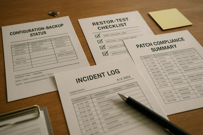Printed restore-test checklist, patch compliance summary, and an incident logbook arranged on a desk as documentary evidence.