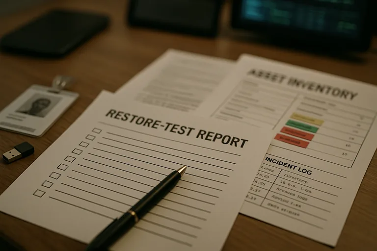 Close-up of printed restore-test report, asset inventory labeled by workflow, and an incident log used to verify support execution.