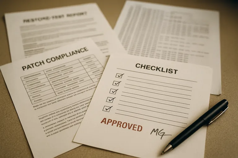 Printed restore-test and patch compliance reports with handwritten notes and a checklist on an office desk.