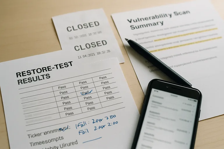 Printed restore-test notes, ticket printouts, and annotated vulnerability summaries on a desk as evidence of verification work.