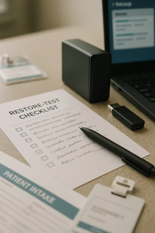Close-up of a printed restore-test checklist with a pen, an external backup drive, and a laptop showing a blurred backup status screen.