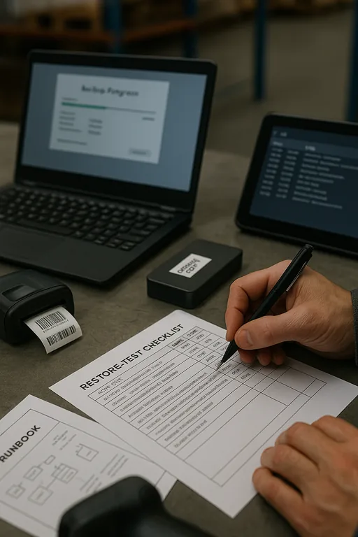 Technician marking a printed restore-test checklist on a desk next to a laptop with backup progress and a label printer, showing hands-on validation activity.