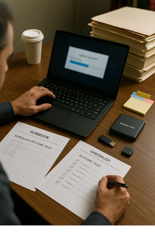 Hands-on restore test at a desk with a laptop, printed runbook and checklist, and external backup drive next to legal case files.