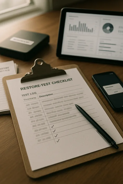 Close-up of a restore-test checklist, timestamped log and external backup drive on a technician's desk during backup validation.