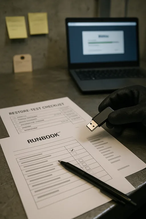 Close-up of a printed restore-test checklist and a technician holding a USB drive on a workbench, representing recovery validation evidence.