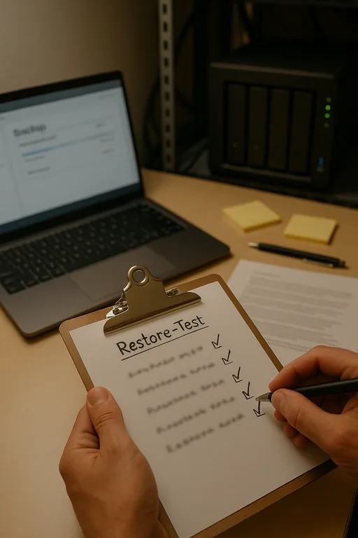 Close-up of a technician's hands holding a checklist next to a laptop and backup appliance during a restore test.