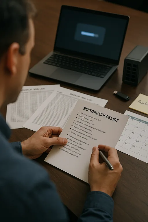 Consultant reviewing printed restore checklists and backup appliance evidence during a backup validation test.