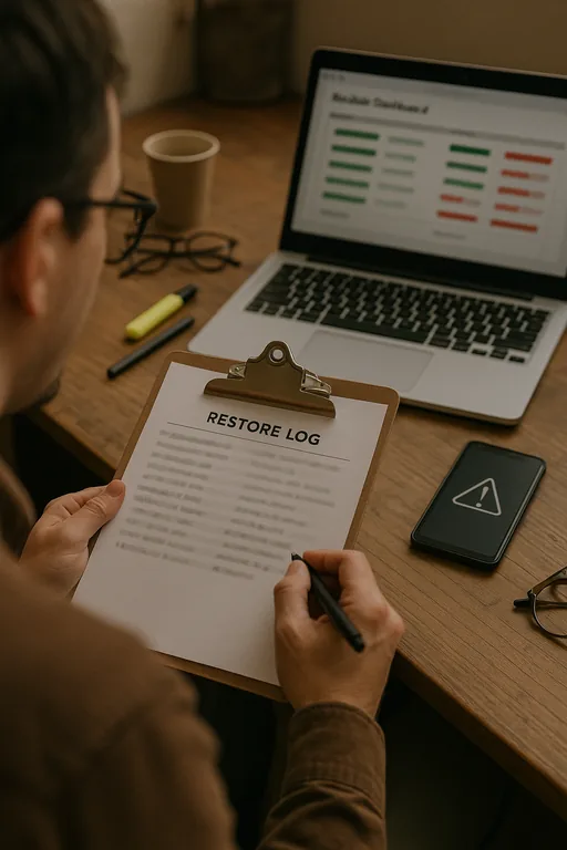 Technician reviewing a printed restore log on a clipboard with a laptop backup status dashboard and handwritten notes nearby.
