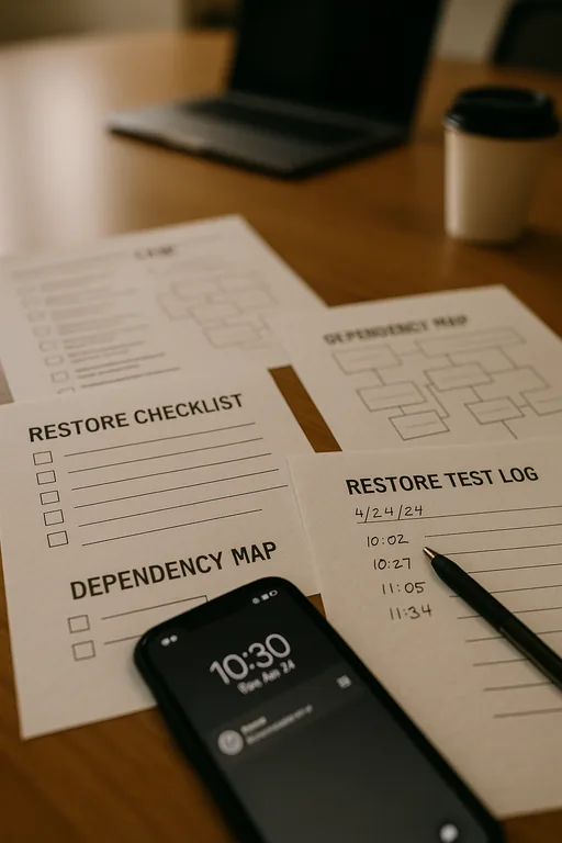 Close-up of a printed restore checklist, handwritten test notes, and a smartphone timestamp showing evidence of a restore test.