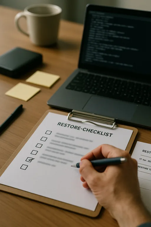 Close-up of a clipboard checklist, technician marking a restore test record, and an external backup drive on a conference table.