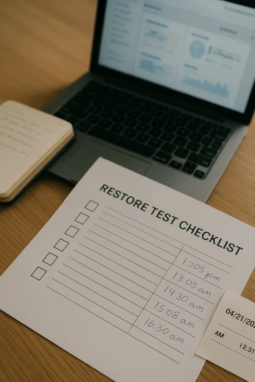 Printed restore test checklist, handwritten timestamps, and a laptop screen blurred to show documented validation steps during a recovery test.