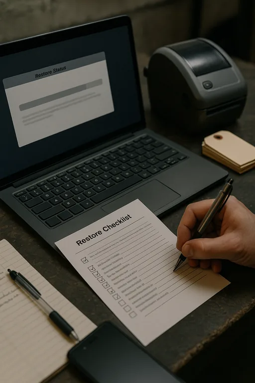 Close-up of a laptop, printed checklist, and a technician marking a restore test log on a workbench next to a label printer.