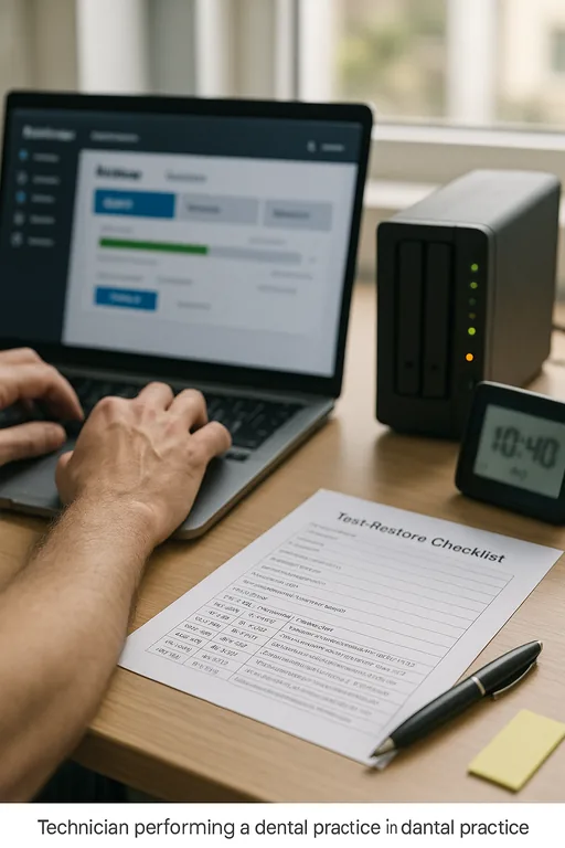 Technician running a restore drill with a laptop and small server unit, with a blurred test checklist and timestamps visible as evidence.