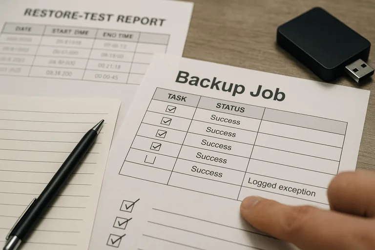 Close-up of a printed restore-test report and backup verification checklist with a pen and technician notes.