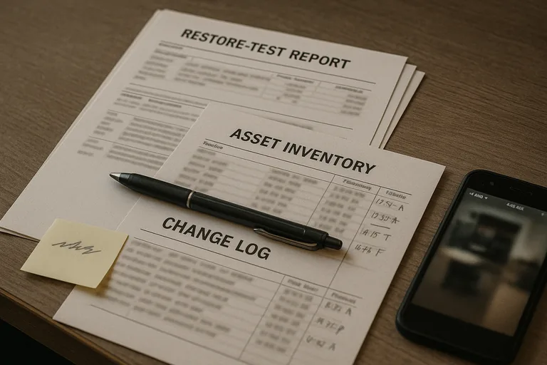 Desk with printed restore-test report, asset inventory and an annotated change log with handwritten timestamps and a pen, photographed as operational evidence.