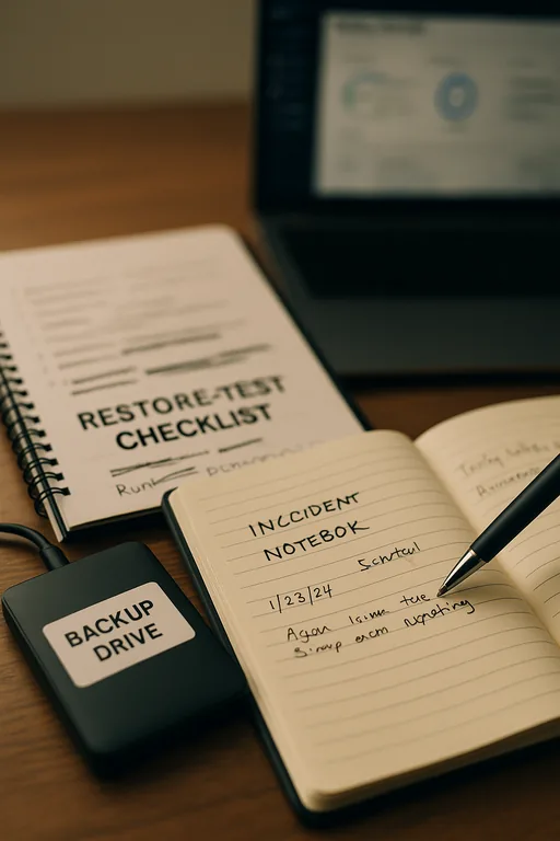 Close-up of a restore-test checklist, runbook binder, backup drive, and incident log showing physical evidence used during recovery validation.