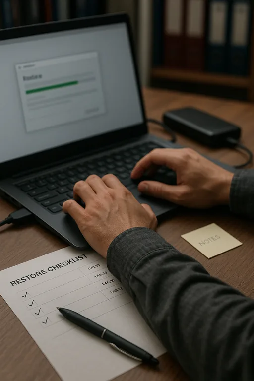 Close-up of a hands-on restore test with a laptop, external backup drive, and a checked restore checklist on a desk.