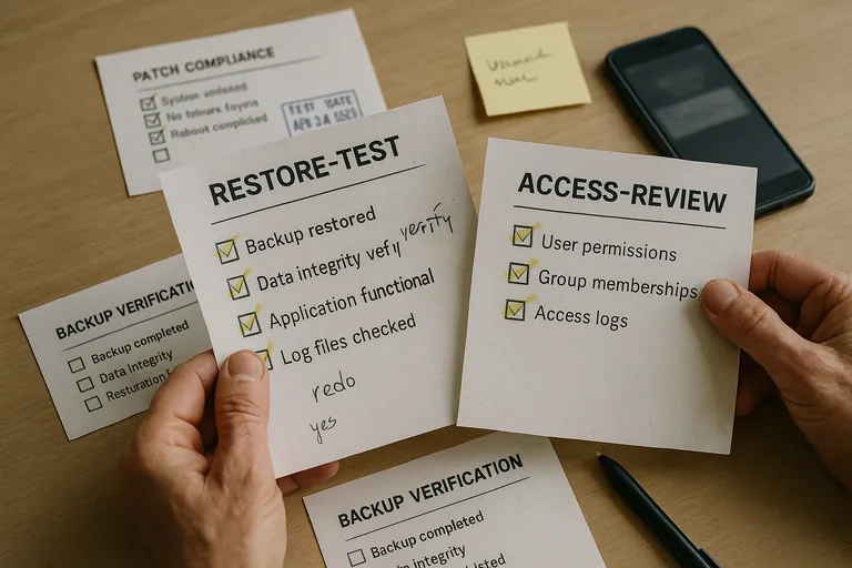 Hands holding annotated restore-test and access-review printouts with highlighted checkboxes and a stamped test date, showing verification evidence.