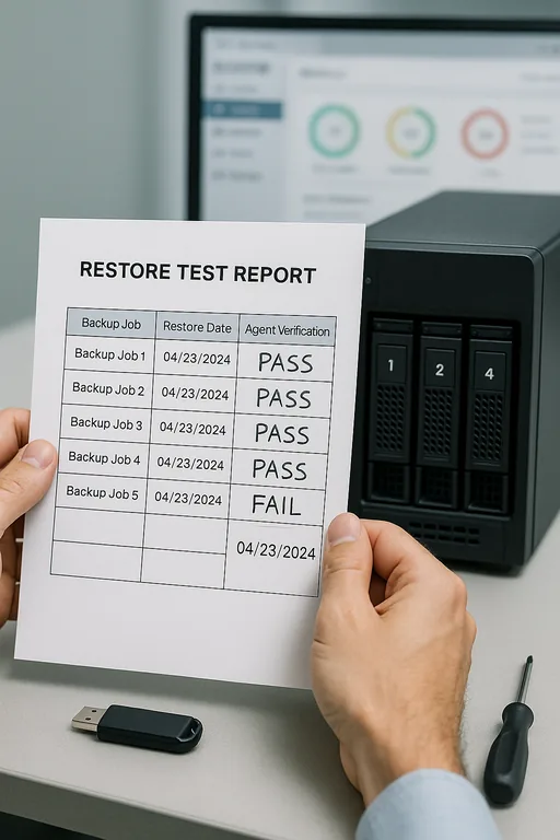 Close-up of a printed restore-test report beside a NAS appliance and a blurred backup dashboard, showing evidence of backup validation.