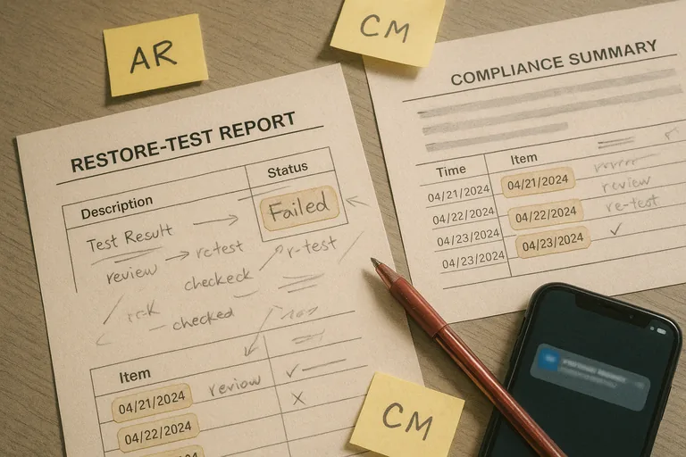 Close-up of a printed restore-test report and incident checklist with handwritten notes, timestamp stickers, and marked checkboxes.