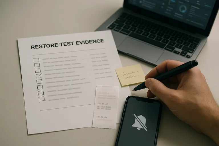 Close-up of a printed restore-test checklist and ticket printout with a pen marking results, showing physical evidence of verification.