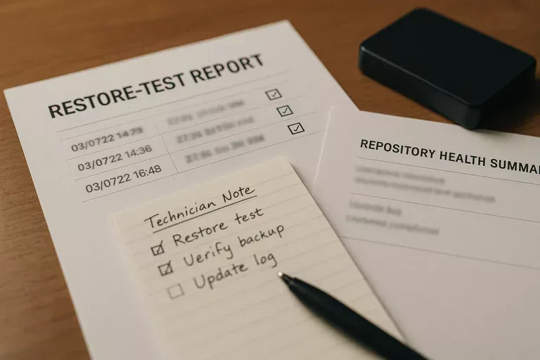 Close-up of hands holding a printed restore-test report and runbook checklist, with an asset-inventory tablet and change record on the desk.