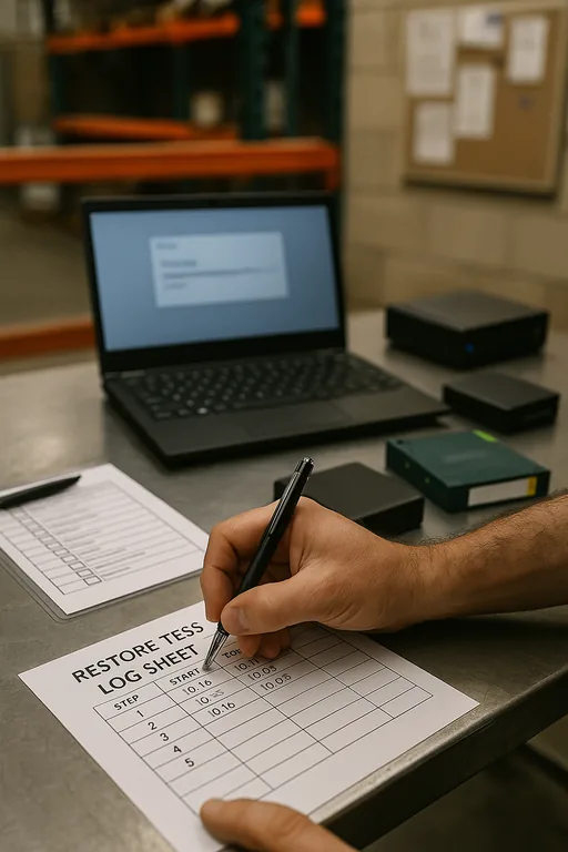 Close-up of a technician marking timestamps on a printed restore-test log beside a blurred laptop and external backup drive.