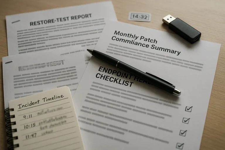 Printed restore-test reports, a patch compliance summary, and an incident timeline notepad arranged on a table as documentary evidence.