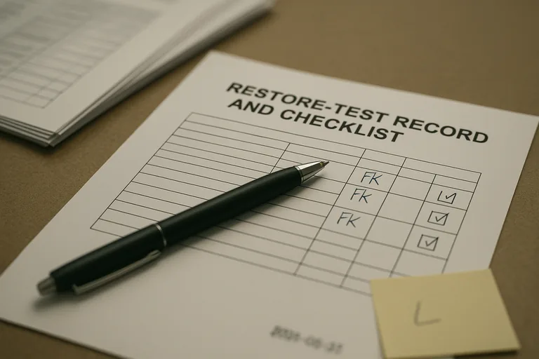 Close-up of a printed restore-test report and technician checklist used to document backup testing.