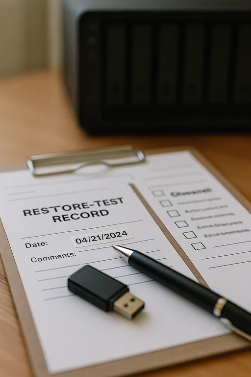 Close-up of a clipboard with a blurred restore-test record, checklist boxes, and a USB drive used as evidence of a backup verification.