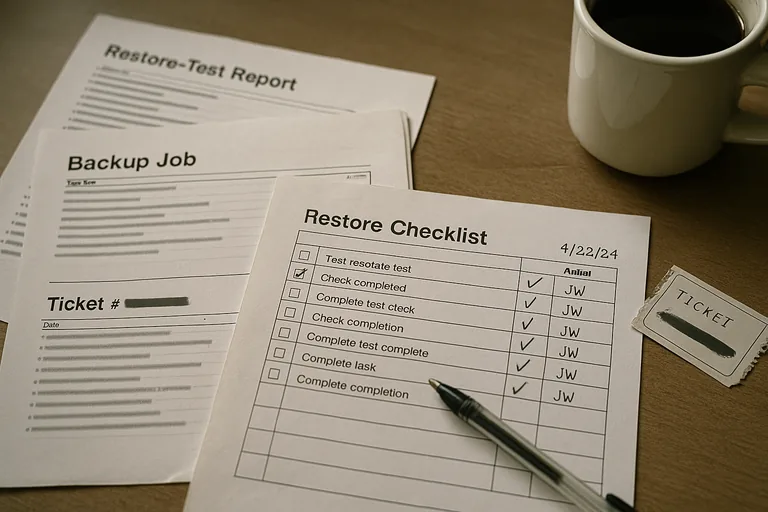 Printed restore-test reports, backup job logs, and a signed checklist arranged on a desk as verification evidence.
