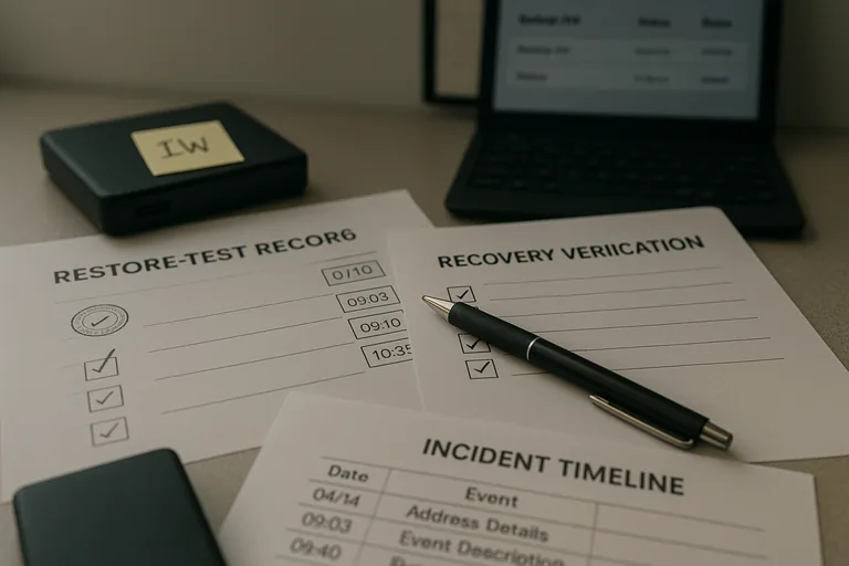 Close-up of printed restore-test records and a verification checklist with handwritten notes and a backup drive on a desk.