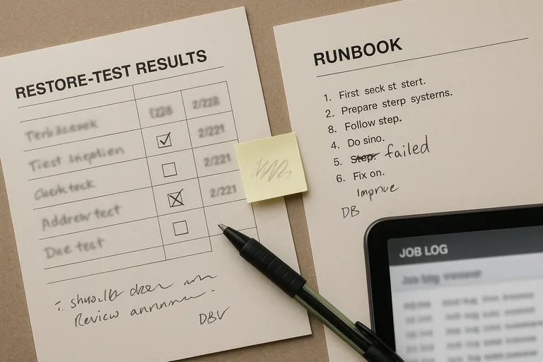 Close-up of printed restore-test results and runbook pages with handwritten technician notes and checkboxes.