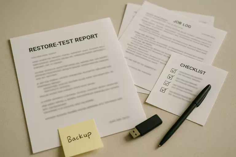 Close-up of a stapled restore-test report with a technician's hand and a pen, showing physical evidence of backup testing.