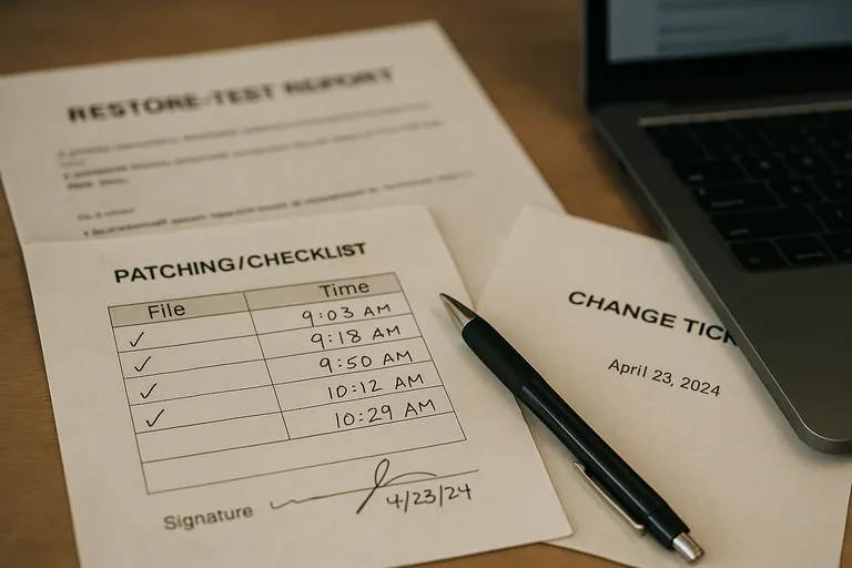 Printed restore-test report and checklist with handwritten timestamps and a change ticket on a desk, showing evidence of testing and review.