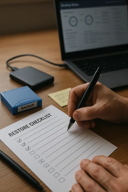 Close-up of a technician marking a printed restore validation checklist next to an external drive and a laptop with a blurred backup status screen.