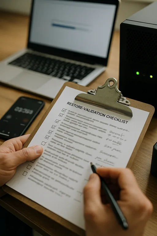 Close-up of a restore validation checklist on a clipboard with a technician's hand and blurred laptop and backup device in the background.