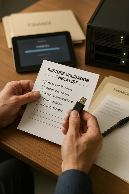 Close-up of a technician holding a restore validation checklist beside a tablet and backup appliance, showing evidence of tested recovery procedures.