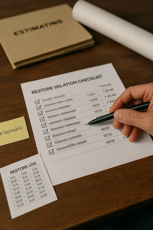 Close-up of a restore validation checklist and technician's hand pointing at checked items, with estimating folder and notes nearby.