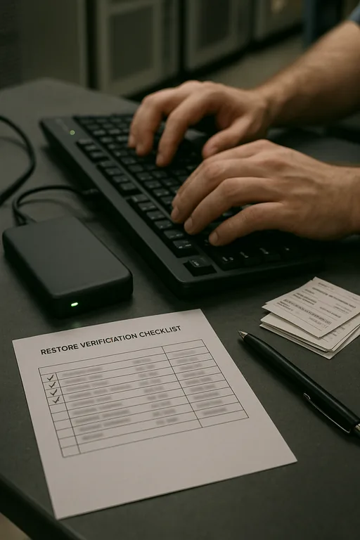 Close-up of a restore verification checklist, external backup drive, and ticket printouts during a restore test in a plant IT area.
