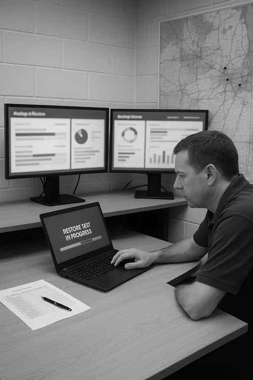 Technician at a workstation reviewing blurred backup/restore status screens and printed incident timeline in a logistics support room.