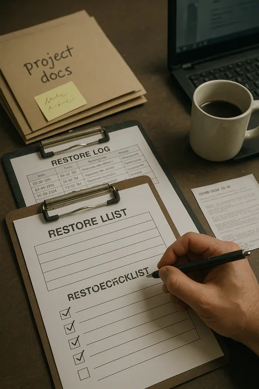 Close-up of a technician marking a restore checklist and printed restore log next to project folders during a recovery validation drill.