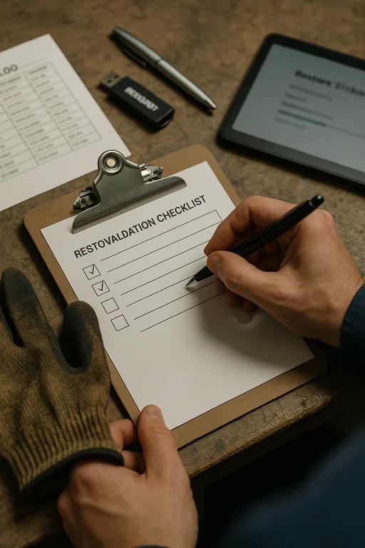 Close-up of a restore validation checklist, a USB recovery drive, and a technician marking evidence during recovery testing.