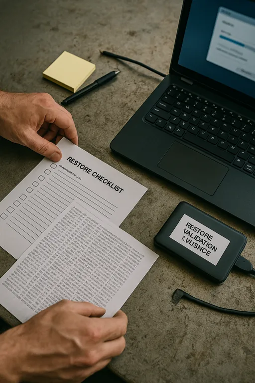 Close-up of printed restore checklists, timestamped logs, and an external backup drive used during restore validation at a plant.