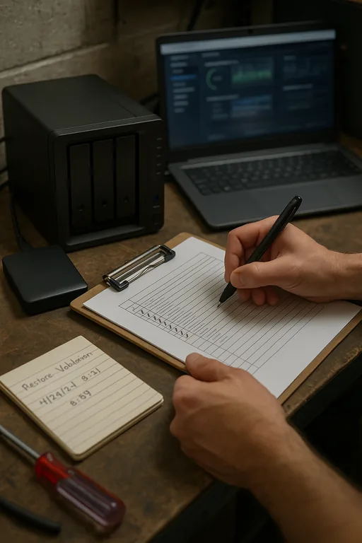Technician marking a restore checklist on a clipboard with backup drive and handwritten notes visible, illustrating a backup validation test.