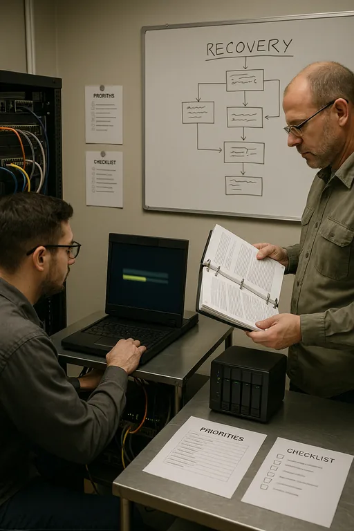 Two IT staff running a restore validation with a server console, runbook binder, and a non-legible whiteboard recovery flowchart in a plant IT room.