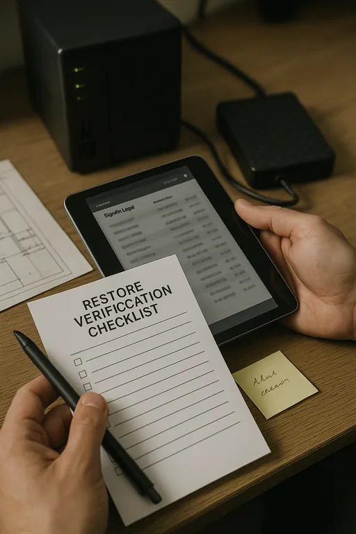 Close-up of a restore verification checklist, tablet with blurred sign-in logs, and an external backup drive used to validate recovery readiness.