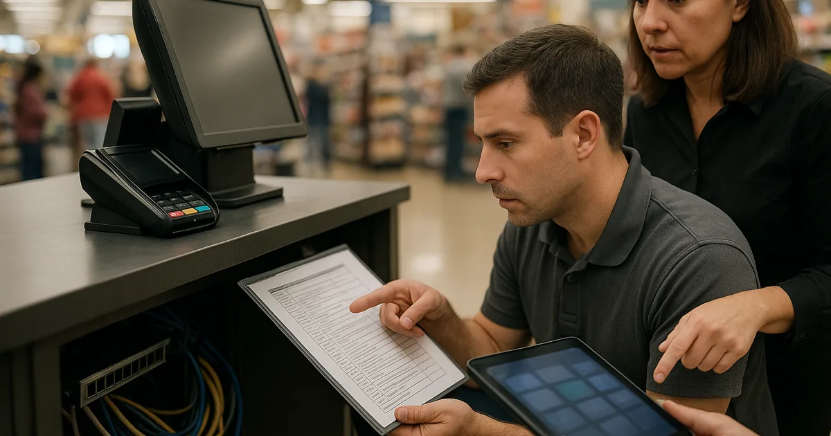 Technician reviewing a POS terminal and runbook at a retail checkout with a network switch visible under the counter.