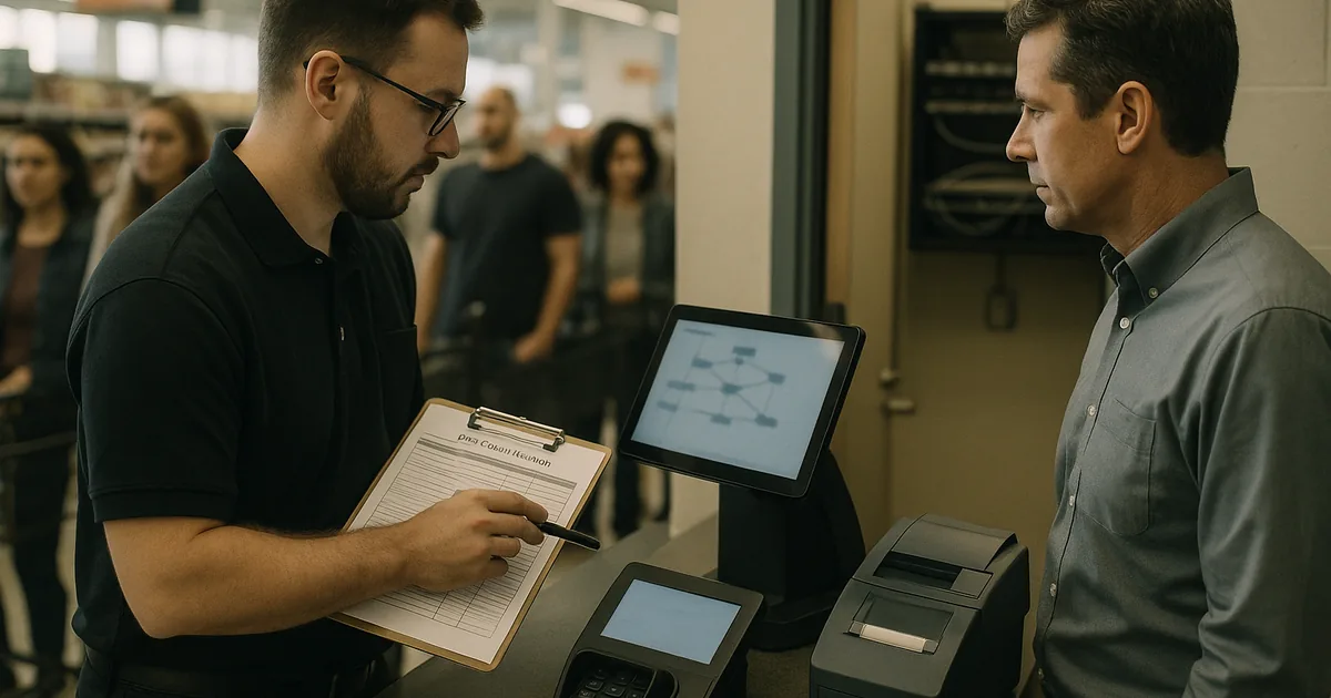 Store manager and IT technician reviewing a POS device checklist and a blurred network diagram beside busy checkout lanes.