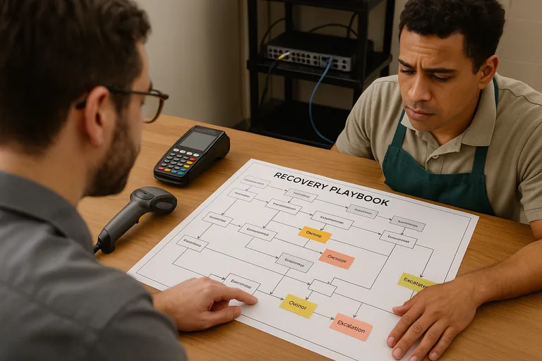 IT consultant and store manager looking over a laminated recovery playbook and flowchart with sticky notes beside a POS terminal.